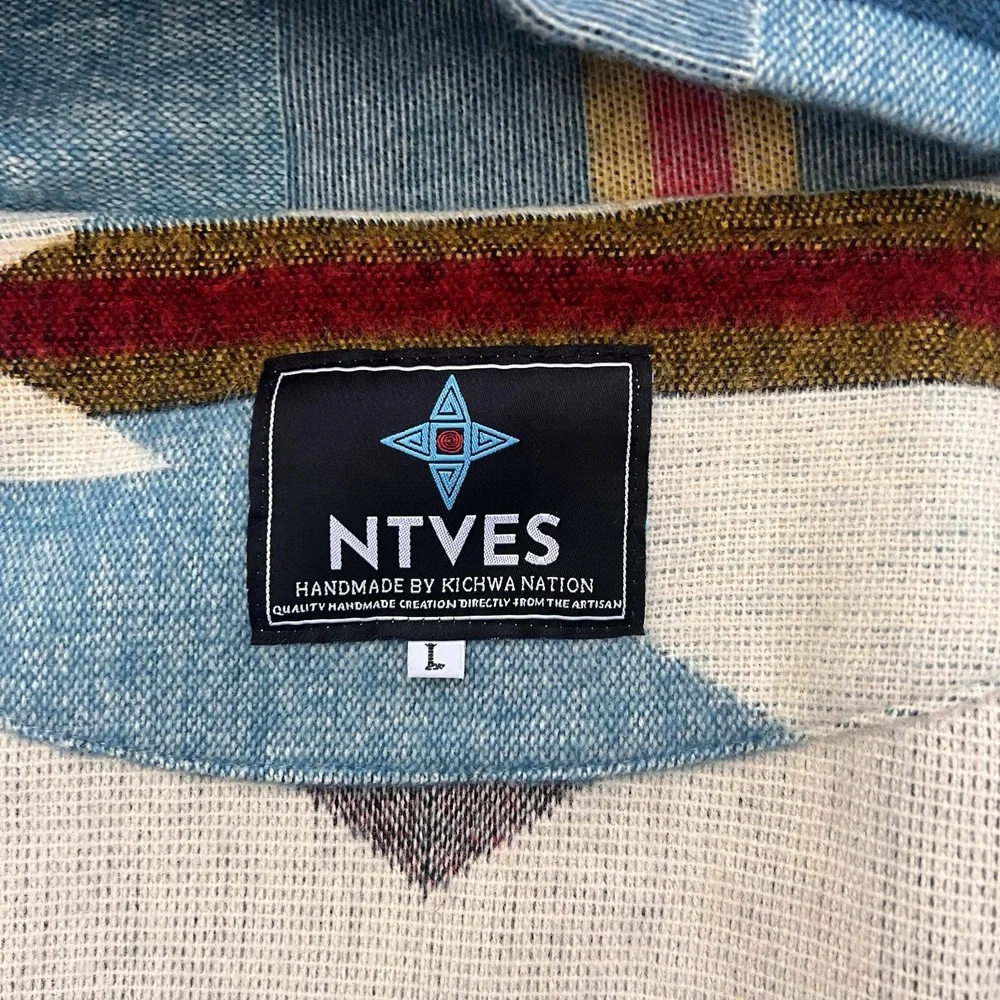NTVES Jacket Geometric L Alpaca‎ Southwest Aztec Patchwork Ecuador Handmade Wool